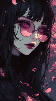 a girl with glasses and flowers in her hair is staring at the camera while she's surrounded by pink petals