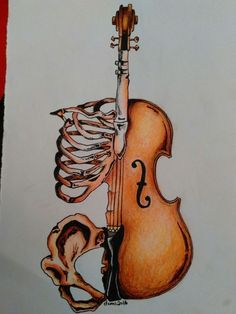 a drawing of a violin with bones attached to the back of it's neck