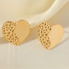 New Gold Plated Stainless Steel Large Heart Stud Earrings Approx. 0.9” Gold Heart Print Earrings For Valentine's Day, Valentine's Day Gold Heart Print Earrings, Gold Heart Stud Earrings, Gold Heart Studs, Gold Diamond Earrings Studs, Gold Diamond Studs, Moon Studs, Topaz Color, Large Heart