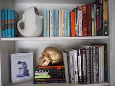 a book shelf filled with books and a gold skull