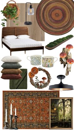 a collage of different items including rugs, lamps and other things in the room