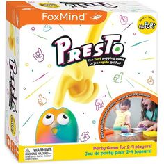 a box of presto cereal sitting on top of a white table next to a child's face