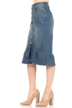 Bring your denim level up a notch with this adorable Miranda denim skirt. Beautiful ruffle hem to dress up for church or casual event. Faux buttons for no show. No back pockets & perfect all year round! TRUE TO SIZE Size Waist Hips Length XS 27.5 34.5 28 S 29.5 36.5 28 M 31.5 38.5 28 L 34 41 28 XL 36.5 43.5 28 2XL 39 46 28 3XL 41.5 48.5 28 Girls Denim Skirts, Denim Skirts Knee Length, Elastic Waistband Skirt, Vintage Denim Skirt, Denim Hoodie, Stretch Denim Fabric, Ladies Dresses, Cute Heels, Girls Denim