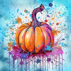 a painting of a painted pumpkin on a blue background