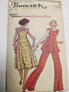 two women in dresses and pants on a sewing pattern, one is wearing an apron