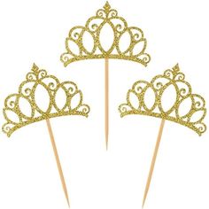 three gold tiara cupcake toppers on sticks