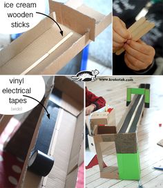 four pictures showing how to make an ice cream wooden sticks stand out from the rest of the boxes