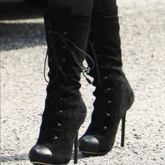 Black Size 7, Excellent Condition In Original Box Fitted Black High-top Lace-up Boots, Black Lace-up Platform Boots For Evening, Black Lace-up Mid-calf Boots With Reinforced Heel, Black Fitted Lace-up Mid-calf Boots, Fitted Lace-up Black Mid-calf Boots, Fitted Black Mid-calf Lace-up Boots, Black High Heel Mid-calf Boots With Leather Sole, Black High-top Mid-calf Boots With Leather Sole, Black Almond Toe Moto Boots For Winter