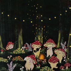 a painting of mushrooms in the woods with fire and stars above them, surrounded by grass and flowers