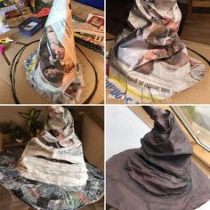 four pictures of different hats made from newspaper