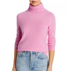 100% Cashmere Fits True To Size, Order Your Normal Size Approx. 24" From Back Of Neck To Hem, Based On A Size Small Model Measurements: 5'10" Height, 33.5" Bust, 23.5" Waist, 34.5" Hips, Wearing A Size Small Turtleneck, Long Sleeves, Extended Cuffs Rib-Knit Trim, Exposed Back Seam This Item Is Part Of Our 100% Bloomingdale's Collection, Featuring Exclusive Pieces You Won't Find Anywhere Else. Price Firm. Thanks. Pink Cashmere Tops For Spring, Classic Pink Winter Tops, Aqua Sweater, Sweat Women, Turtleneck Tunic, Black Turtleneck Sweater, Leopard Sweater, Cashmere Color, Cowl Neck Long Sleeve