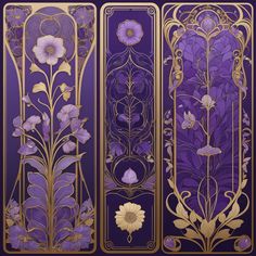 three panels with flowers and leaves on them in gold, purple, and pink colors