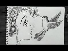 a drawing of a girl with flowers in her hair and a bird flying over her head