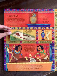 a hand is pointing at an egyptian book with pictures on the front and back cover