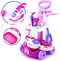 the toy car is pink and purple