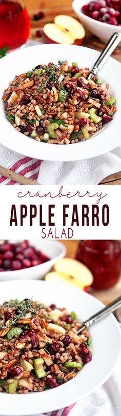 two plates filled with apple farro salad on top of a red and white checkered table cloth