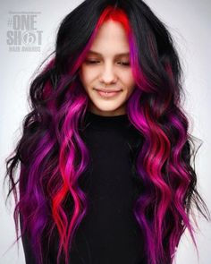 Instagram Black And Vivid Hair, Multicolor Peekaboo Hair, Medium Length Hair Color Ideas Fun, Long Alternative Haircut, Purple And Red Hair, Red And Purple Hair, Halloween Hair Color Ideas, Black Red Hair