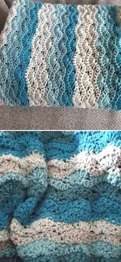 two pictures show the same crocheted blanket