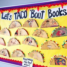 a bulletin board with taco bout books on it