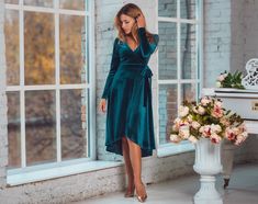 "Teal green velvet dress, long sleeve velvet dress, bridesmaid velvet gown, wrap dress, velvet bridesmaid dress, New Year dress, prom dress, cocktail dress You can find the pictures of ALL OTHER COLORS in our catalog on ETSY here: https://www.etsy.com/shop/ENMEstyle?ref=seller-platform-mcnav&section_id=36055243 ADJUSTMENTS We can make any length adjustments special for you and for free! Dress style - Wrap dress Sleeve style - Long sleeves Details - Asymmetric Material - Stretchy velvet, soft fab Blue Velvet Wrap Dress, Navy Blue Velvet Dress, Emerald Green Velvet Dress, Velvet Bridesmaid Dress, Velvet Bridesmaid, Sleeves Details, Velvet Bridesmaid Dresses, Velvet Wrap Dress, Long Sleeve Velvet Dress