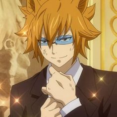 an anime character with blonde hair and blue eyes wearing a black suit, standing in front of a gold background