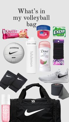 the contents of a duffel bag are shown in this image with text that reads, what's in my volleyball bag?