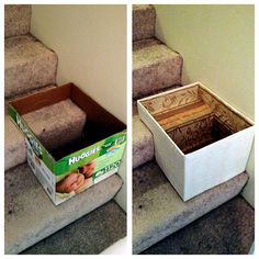 an open box sitting on top of some stairs next to a carpeted stair case