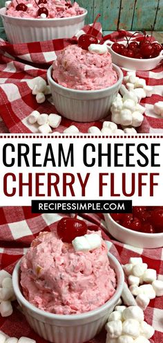 cream cheese cherry fluff recipe with marshmallows and cherries in the background