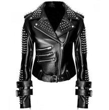 Handmade Women Black Punk Silver Spiked Studded Leather Biker Jacket Black Studded Leather Jacket, Spiked Leather Jacket, Graffiti Clothing, Gothic Mode, Goth Metal, Metal Jacket, Stylish Leather Jacket, Studded Leather Jacket, Black Punks