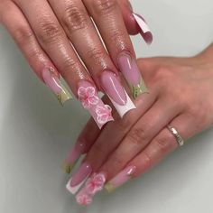 24Pcs French False Nails Long Square Wearable Artificial Nails Sweet Cute Nails with Wave Flower Nails Flowers, 3d Flower Nails, Nails Green, Girly Acrylic Nails, Nails White, Unique Acrylic Nails, Long Square Acrylic Nails, Flowers Summer, Nails French