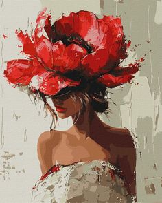 a painting of a woman with red flowers on her head