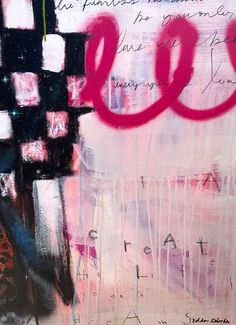 an abstract painting with pink, black and white squares on it's surface that has the word love written in large red letters