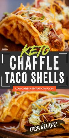 keto taco shells on a plate with text overlay that reads keto chaffle taco shells