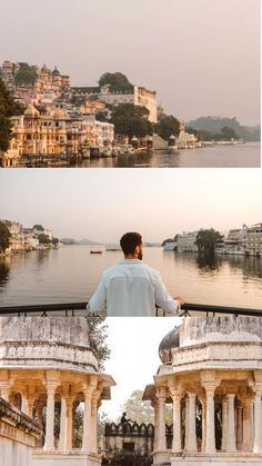 two pictures of the same person sitting on a bench in front of water and buildings