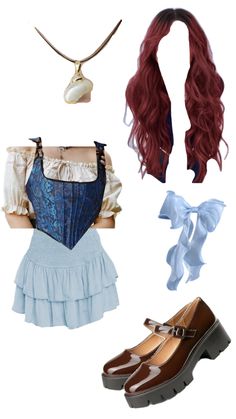 several different types of clothing and accessories including shoes, scarves, necklaces and hair