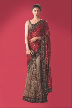 The skirt part of this Designer Saree is in fawn color on net fabric with thread embroidery. Pallu of this Designer Saree is in red color sequin fabric with black colour embroidered borders. Blouse of this Designer Saree is also in black color with golden embroidery similar to black borders of the saree Color can be customised as per your requirements. Sabyasachi Saree, Sabyasachi Designer, Sabyasachi Sarees, Sequence Saree, Designer Sarees Wedding, Indian Sari Dress, Sari Design, Sari Dress, Pakistani Wedding Outfits