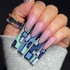 48226319663272 Long Nails Coffin Design, Tiffany Blue Nail Designs, Blue Long Nail Designs, Long Coffin Nails Acrylics, Blue And Black Nails Acrylic, Handmade Press On Nails, Extra Long Nail Designs, Rapper Nails, Notebook Nails