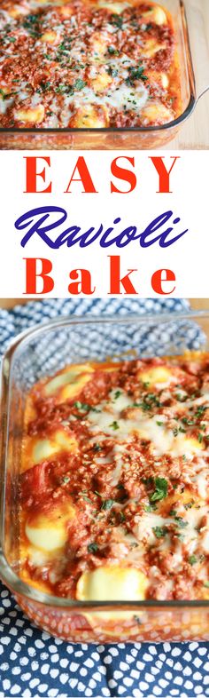 an easy ravioli bake in a glass casserole dish