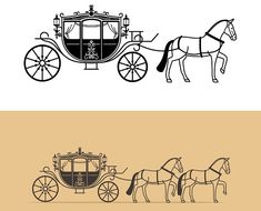 an old fashioned horse drawn carriage with the driver in black and white on two separate sides