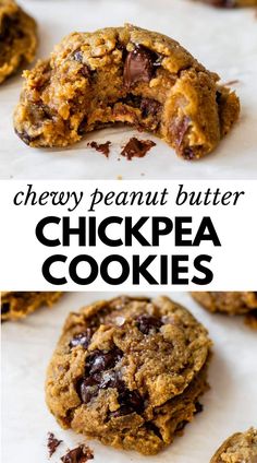 chewy peanut butter chickpea cookies with chocolate chips on top and in the middle