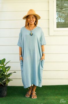 "* Bohemian Style Dress * One Size Fits Most (US Women's S-2XL) * Organic Double Gauzed Muslin Cotton * 2 Side Pockets * Bust up to 50\" * Length with Hem 48\" * Suitable for any occasion * Great gift for yourself or your loved ones ----------------------------------------------------------- ** Available in 4 Colors : Fuchsia, Lavender, Natural, Blue **" Casual Long Flowy Boho Dress, Bohemian Maxi Dress For Daywear With Relaxed Fit, Long Flowy Casual Boho Dress, Lagenlook Maxi Dress With Short Sleeves For Beach, Bohemian Relaxed Fit Midi Dress For The Beach, Bohemian Midi Dress For Beach With Relaxed Fit, Bohemian Midi Dress With Relaxed Fit For Beach, Bohemian Midi Dress With Short Sleeves And Relaxed Fit, Lagenlook Relaxed Fit Vacation Dress