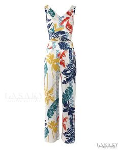 Lasaky - Tropical print tank top and pocket pants set Printed Sleeveless Loungewear Sets, Sleeveless Printed Sets For Loungewear, Casual Sleeveless Sets With Floral Print, Casual Sleeveless Floral Print Sets, Casual Sleeveless Printed Sets, Multicolor Sleeveless Jumpsuit With Pockets, Multicolor Sleeveless Jumpsuits And Rompers With Pockets, Sleeveless Multicolor Jumpsuits And Rompers With Pockets, Casual Summer Jumpsuits And Rompers With Graphic Print