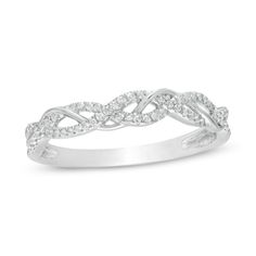 a white gold ring with diamonds on the sides and an intertwined design in the middle