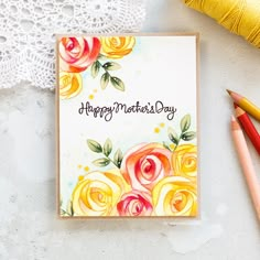 a happy mother's day card with watercolor roses and crochet doily