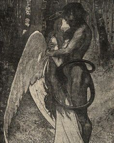 an angel sitting on the back of a horse next to a man in a forest