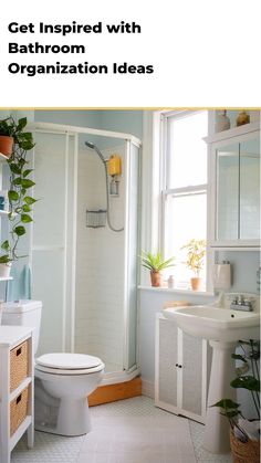 a bathroom with a toilet, sink, and shower in it's own area