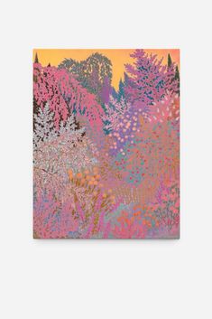 an abstract painting with trees and bushes in pink, orange, yellow and blue colors