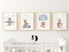 three framed pictures on the wall above a crib in a baby's room