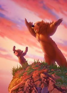 an animated bear standing on top of a hill next to another animal in the sky