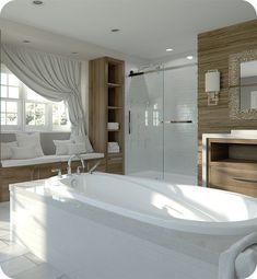 a large white bath tub sitting next to a window